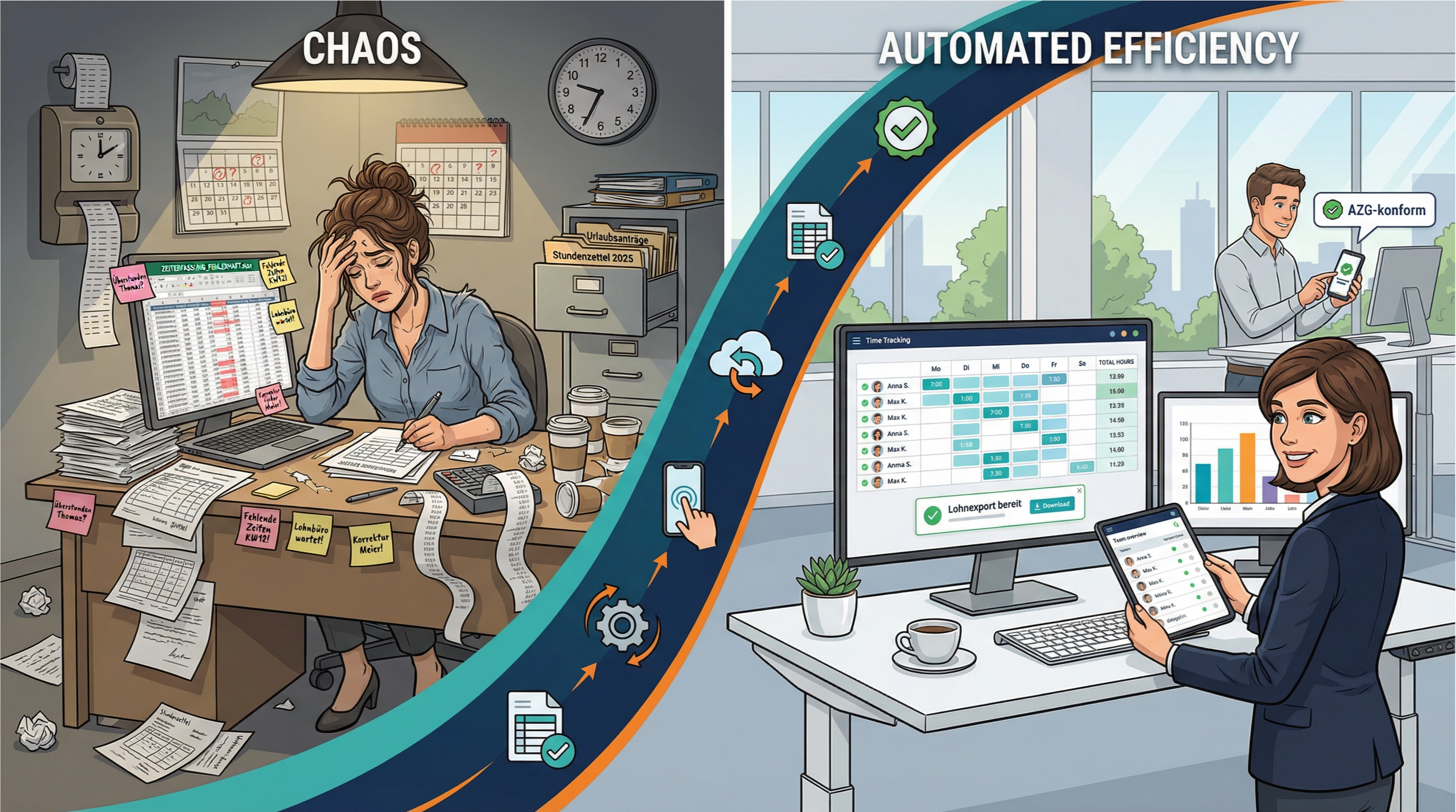 Schluss mit Stundenzettel-Chaos. Zeiterfassung, die sich selbst erledigt.